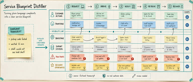 Use Case: Service Blueprint Distiller. Topics: Backstage Process, Complaint Transcript, Journey Map, Service Blueprint Distiller, Service Design, Use Case, Visibility Line, Workflow Distillation.