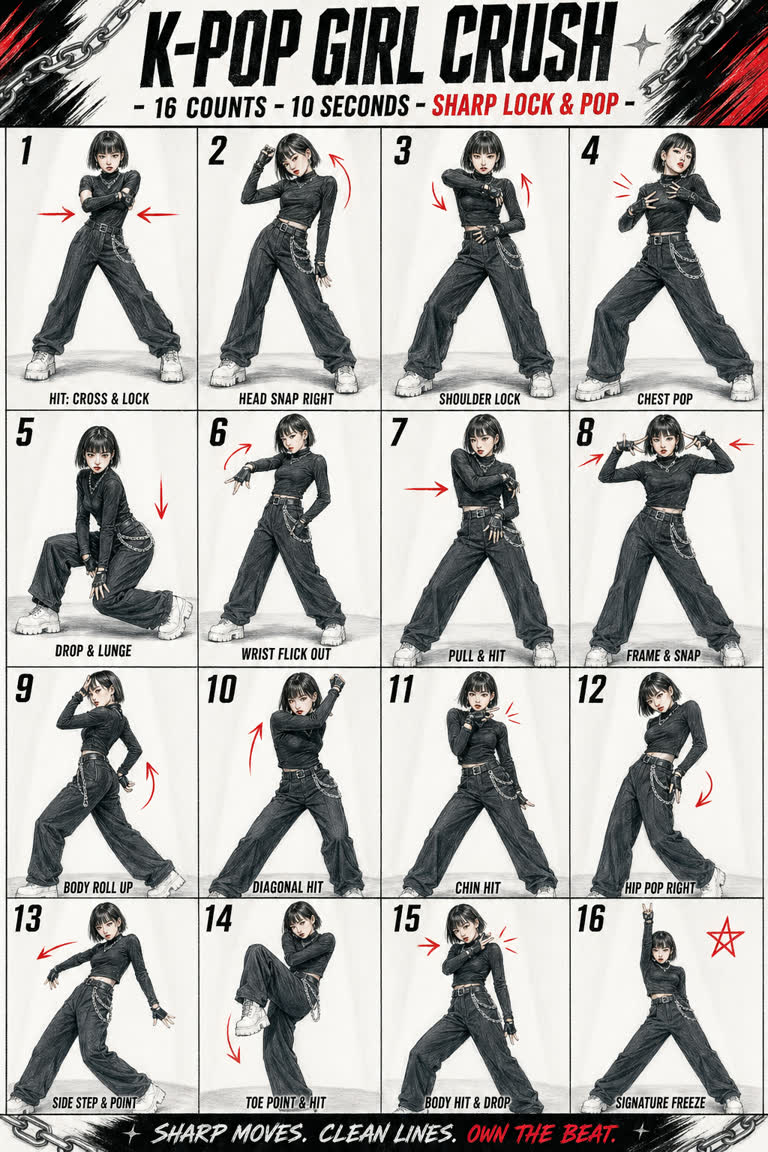 Use Case: K-Pop Choreography Sheet. Topics: Author Credit, Dance Infographic, Editorial Illustration, K Pop, K Pop Choreography, Prompt Reuse, Social Workflow, X Prompt Redraw.