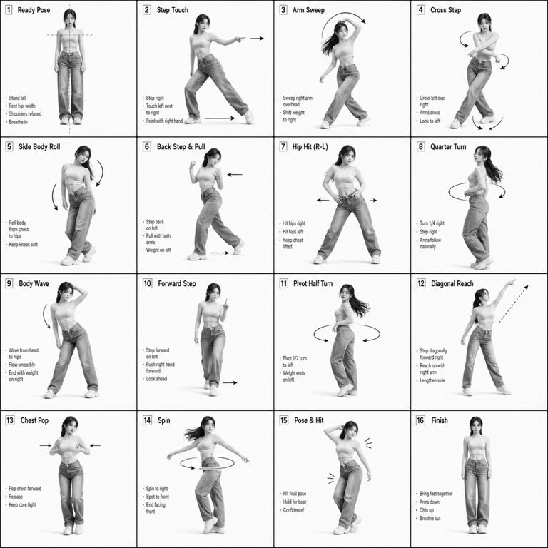 GPT Image 2 Korean streetwear dance sequence sheet. Topics: Dance Sequence, Gpt Image 2, Infographic, Monochrome, Social Workflow, Storytelling, Streetwear, X Prompt Redraw.