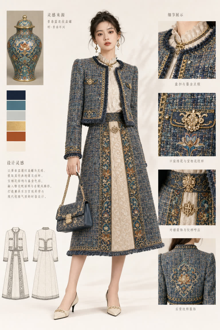 GPT Image 2 palace-artifact-inspired tweed fashion design. Topics: Artifact Inspired, Fashion Design, Gpt Image 2, Infographic, Social Workflow, Tweed, Typography, X Prompt Redraw.