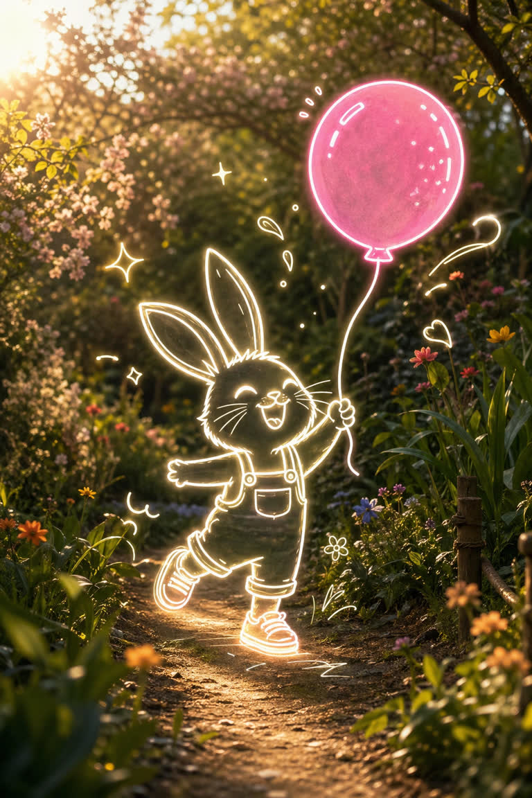 GPT Image 2 neon rabbit in a real bokeh garden. Topics: Gpt Image 2, Infographic, Mixed Media, Neon Line Art, Rabbit, Social Workflow, X Prompt Redraw.