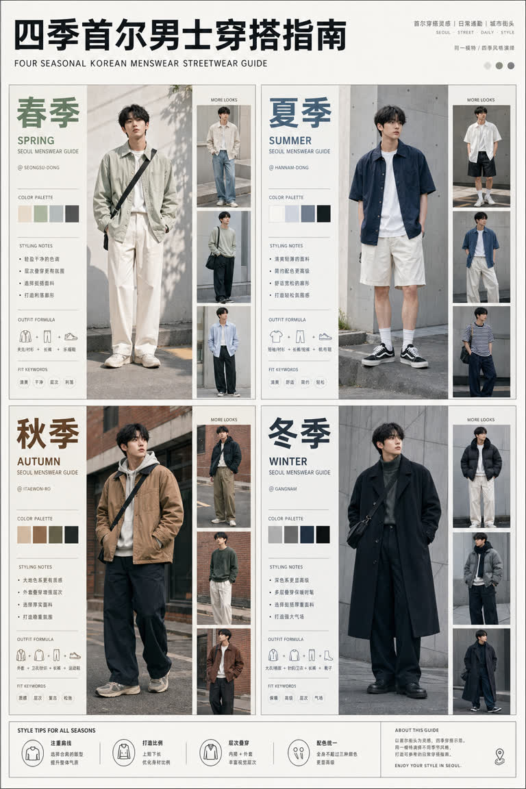 GPT Image 2 four-season Korean menswear guide. Topics: Gpt Image 2, Lookbook, Menswear, Product Mockup, Seasonal Style Guide, Social Workflow, Typography, X Prompt Redraw.