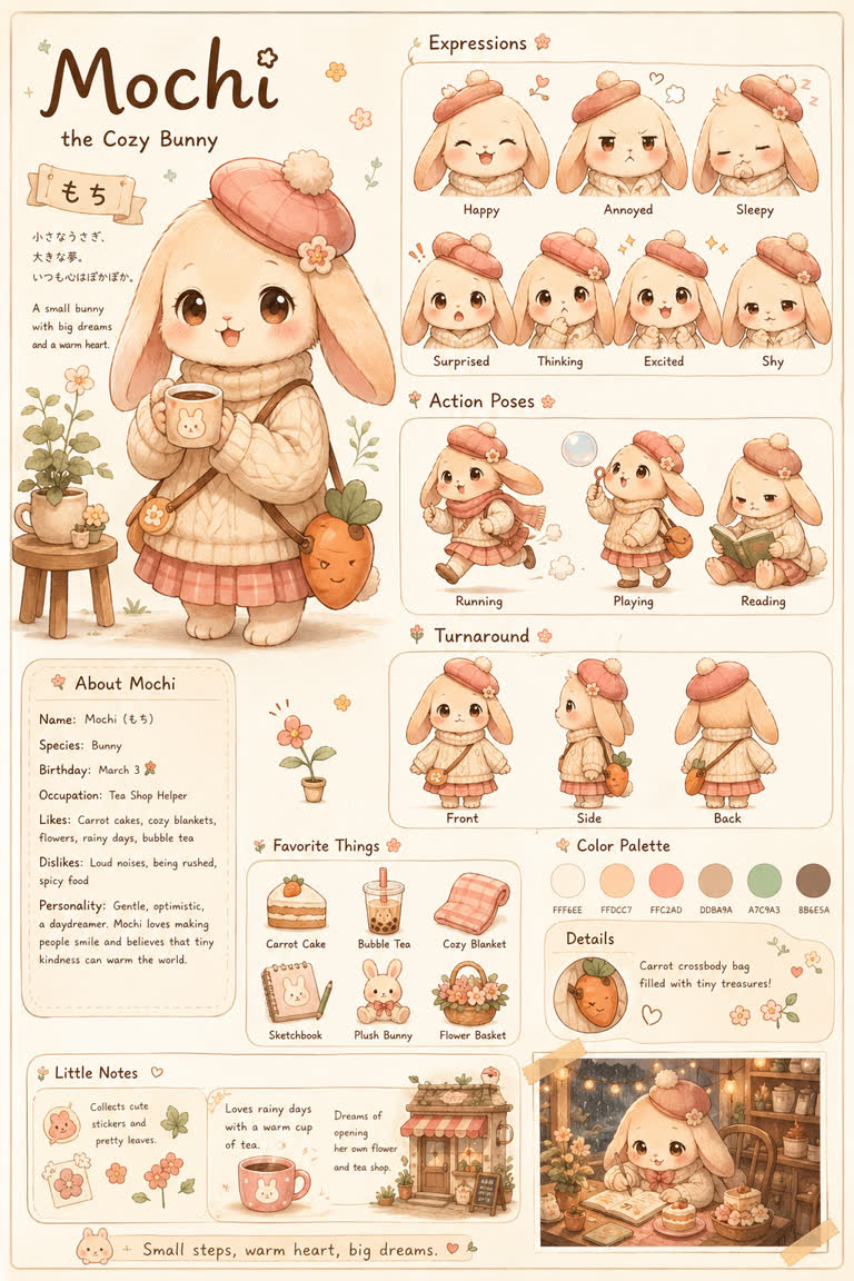 GPT Image 2 cozy kawaii character design sheet. Topics: Character Sheet, Gpt Image 2, Infographic, Kawaii, Original Character, Social Workflow, Typography, X Prompt Redraw.