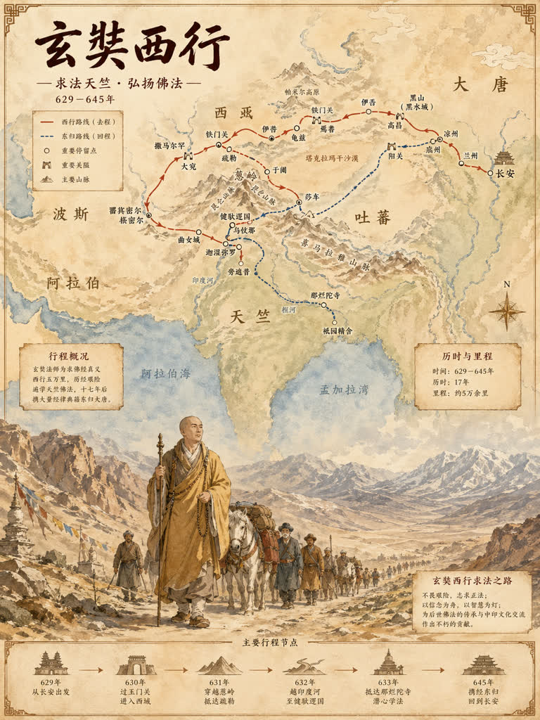 GPT Image 2 Xuanzang westward journey map explainer. Topics: Cultural History, Educational History, Gpt Image 2, Historical Map, Infographic, Journey Map, Watercolor, X Prompt Redraw.