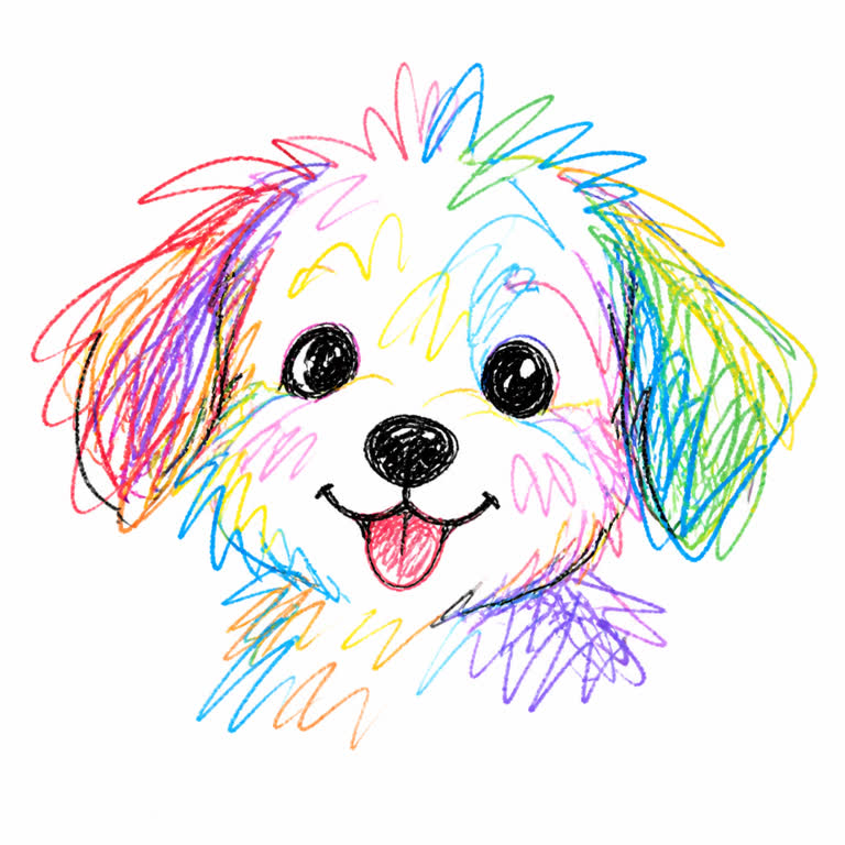 GPT Image 2 colorful messy doodle puppy portrait. Topics: Childlike, Doodle, Gpt Image 2, Messy Line Art, Puppy Portrait, Social Workflow, White Background, X Prompt Redraw.